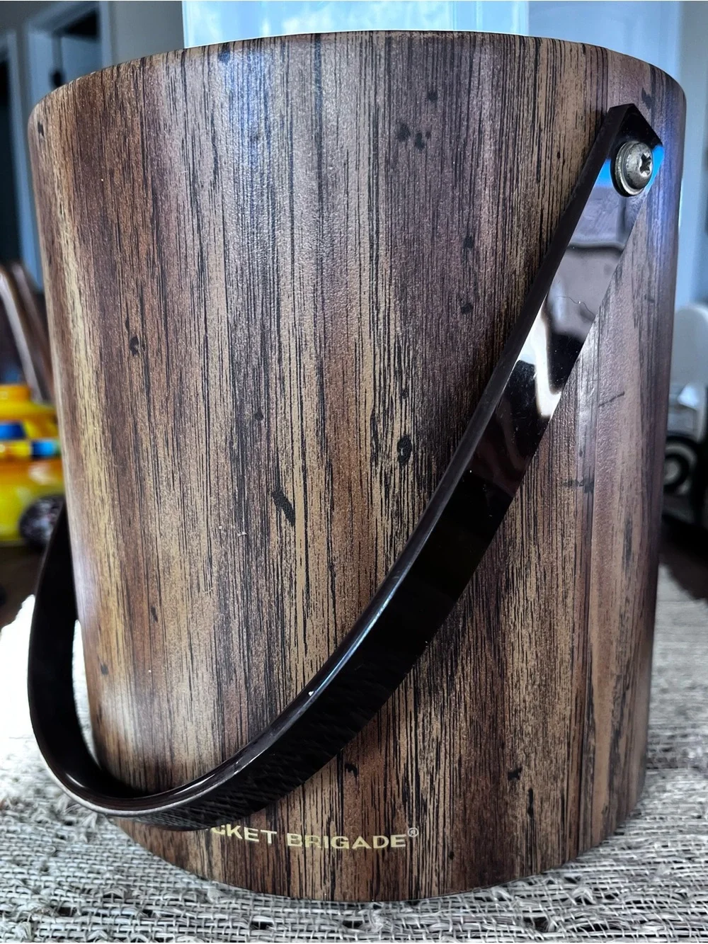 Vintage Morgan Designs Bucket Brigade Woodgrain Ice Bucket with Black Handle